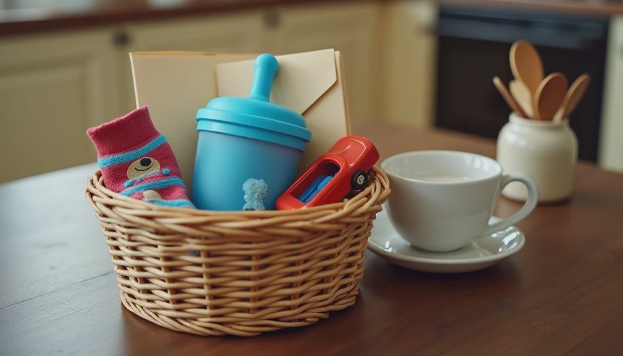 The tomorrow basket — gathering the loose ends before bed A small woven basket filled with random household items including a library book, a sippy cup, a single sock, and a toy car, placed on a kitchen counter as a tomorrow basket.