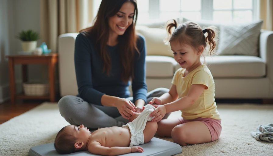 Letting your toddler help with the baby builds connection instead of competition A toddler girl handing a clean diaper to her mother during a diaper change for the new baby on a changing pad, both looking at each other with warmth.