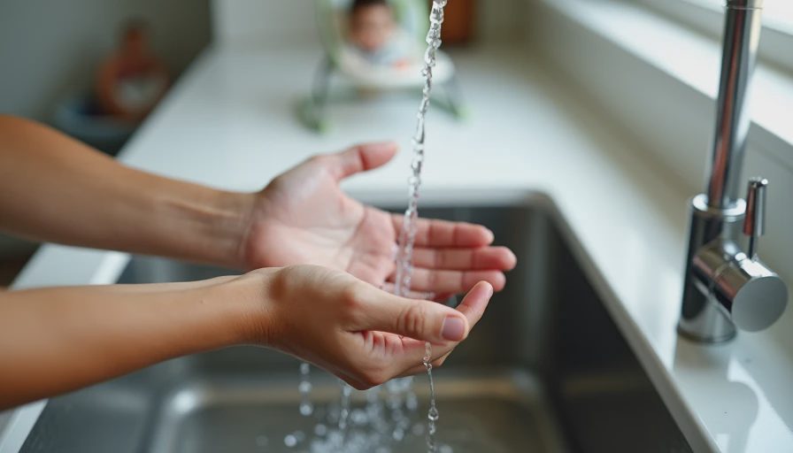 A mother's hands under running cold water at a kitchen sink, with a baby in the background held by someone else or in a bouncer, showing a small physical reset for touched-out moms.