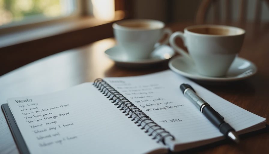 A planner open on a kitchen table next to a cup of coffee, with a handwritten week overview and a pen resting on the page, showing the calendar scan part of Sunday prep.