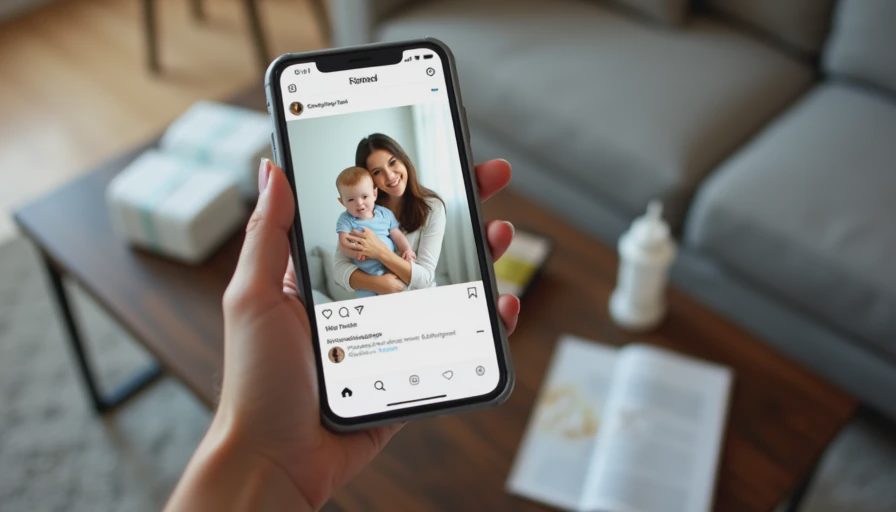 Close-up of a mother's hand holding a smartphone showing a social media feed with a photo of a perfectly dressed mom and baby, while the background shows a cluttered real-life coffee table.