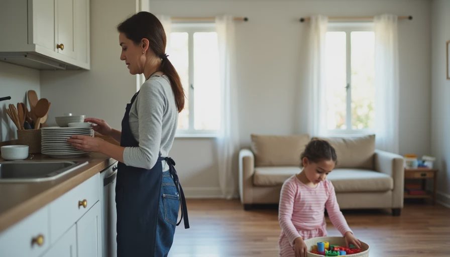 Family systems that last involve everyone — even the toddler A mother putting dishes away in the kitchen while a toddler places toys in a basket nearby, showing a family system that involves everyone even a little.