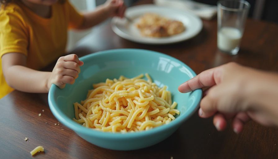 A toddler girl pushing a bowl of pasta away on the dinner table, a few noodles spilled on the table, while her mother's hand reaches toward the bowl.