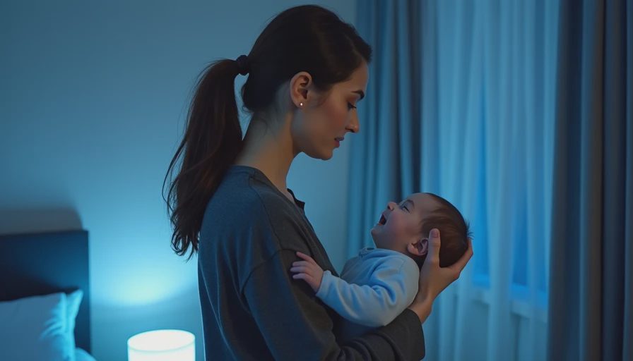 A mother gently rocking a crying baby in a dim room with white noise playing, showing the soothing attempts that often work on a hard baby day.