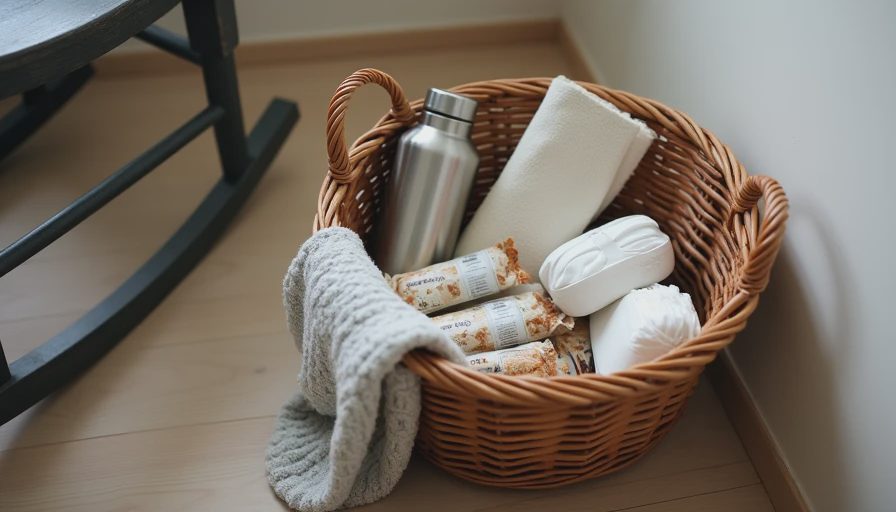A simple feeding station for newborn care — everything within arm's reach A wicker basket filled with water bottle, granola bars, burp cloths, diapers, and a phone charger, placed next to a rocking chair as a newborn feeding station.