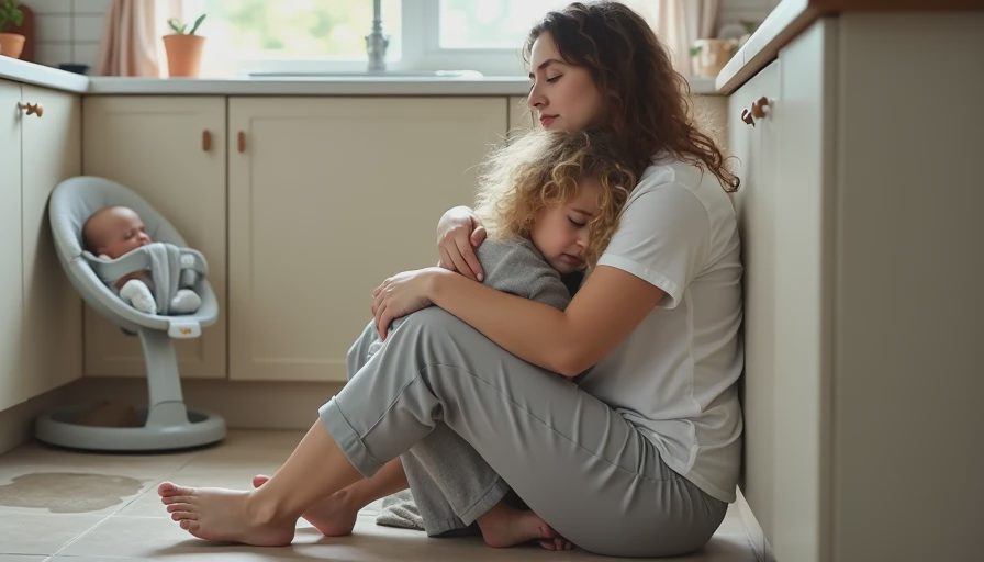 Mother sitting on the kitchen floor hugging her crying toddler, with a baby bouncer visible nearby, a raw morning reset moment after spilled milk.