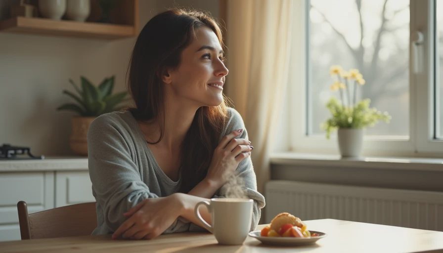 A tired mother sitting at a kitchen table in early morning light, holding a cup of coffee and looking out the window, with a soft expression of hope and resilience.