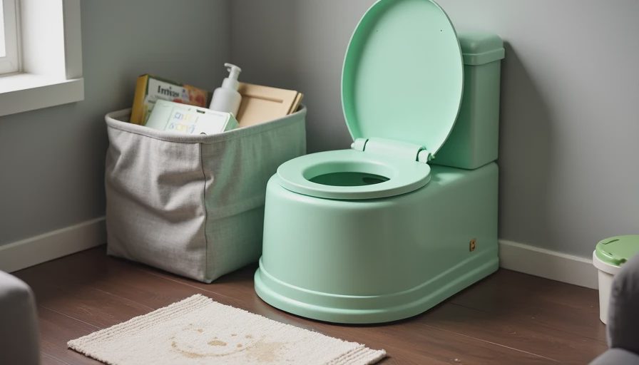 The potty caddy — everything within reach during potty training with a baby A small potty chair beside a gray fabric basket filled with wipes, training pants, and a children's book, placed in a living room corner for easy potty training access.