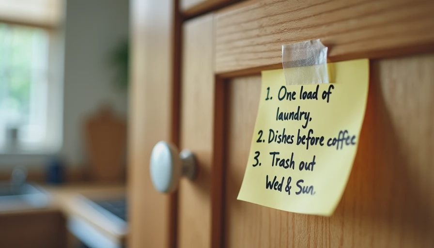 The systems that stick are simple — three steps, no more A small handwritten note taped to a kitchen cabinet with just three simple tasks, showing a family system that survives because it's minimal.