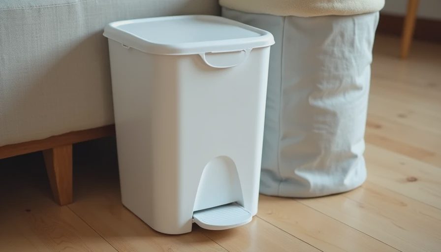 A small white lidded trash can with a foot pedal placed next to a gray diaper caddy and a flat changing pad on a wooden floor, part of a practical diaper station.