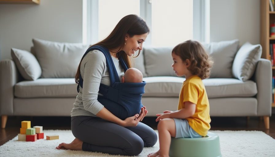 The every-hour potty invitation — making potty time a normal part of the day with a baby Mother wearing a baby in a soft carrier while kneeling next to a toddler sitting on a potty chair in the living room, an inviting potty moment with a baby in tow.