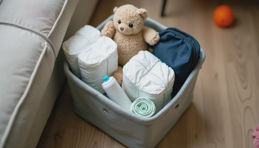 A close-up of a portable diaper caddy basket filled with diapers, wipes, a tube of cream, and a spare onesie, placed next to a couch in a living room.