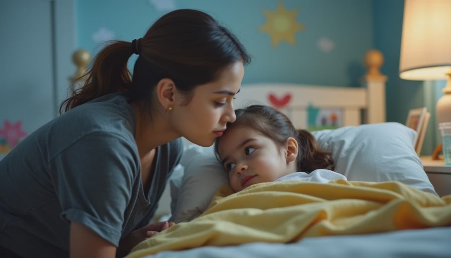 The warm no — holding the bedtime boundary with love Mother kneeling by a toddler bed giving a gentle kiss to her toddler, holding one hand up in a calm stop gesture, symbolizing the warm no at bedtime.