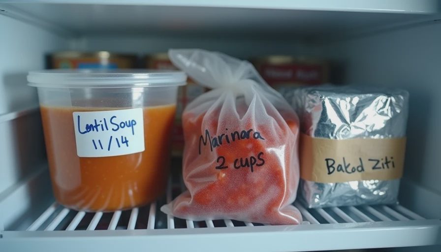 Labeling freezer meals — the small step that saves tired parents from mystery containers A close-up of labeled freezer containers and bags with handwritten notes showing meal names and dates, held in a freezer.