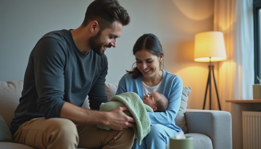 A partner gently taking a sleeping newborn from the mother's arms in a living room, the mother looking relieved and about to rest on the couch.