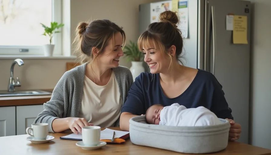 Julia supporting a new mother during a postpartum home visit Julia Monroe, postpartum care specialist, sitting at a kitchen table with a tired new mother, both looking at a baby in a bassinet, notebooks and coffee mugs nearby.