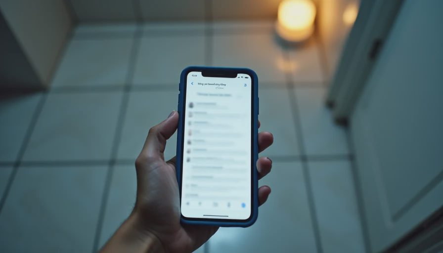 A woman's hand holding a smartphone on the bathroom floor at night, the screen showing a search for "why won't my baby stop crying," symbolizing late-night mom guilt and exhaustion.