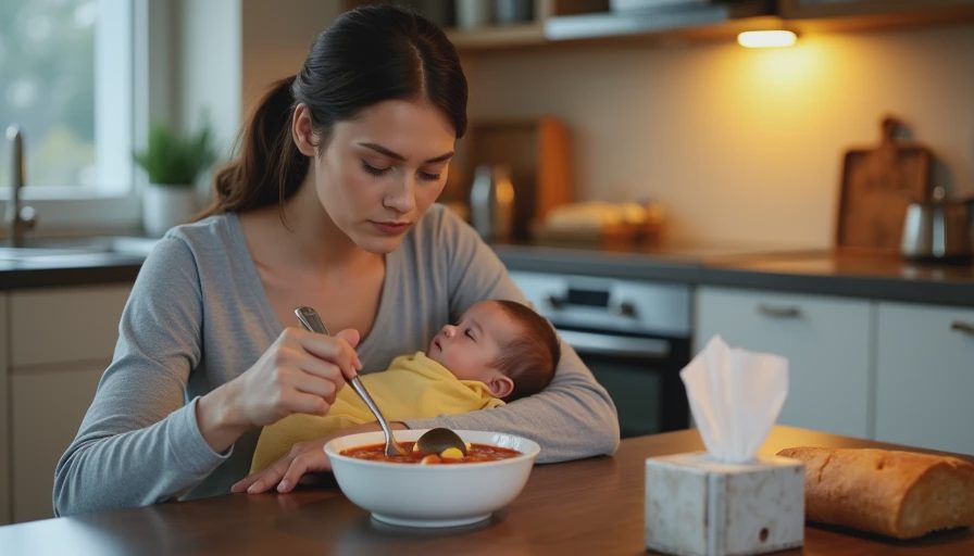Eating a freezer meal with one hand while holding a baby — the reason we make them A tired mother sitting at the kitchen table eating soup from a bowl with one hand while holding a newborn in the other arm, a real freezer meal moment.
