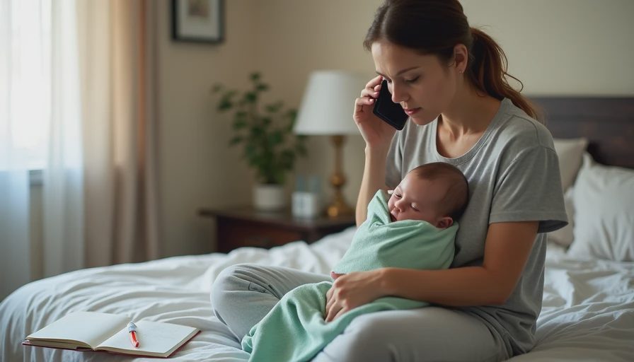 A mother sitting on the edge of her bed with a baby in her arms, talking on the phone to a pediatrician, with a notebook and pen nearby, showing the step of seeking help.