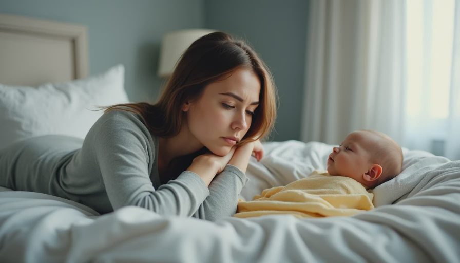 New mother lying on her side in bed with eyes open, while her newborn sleeps in a bassinet beside her, the room filled with soft daylight through sheer curtains.