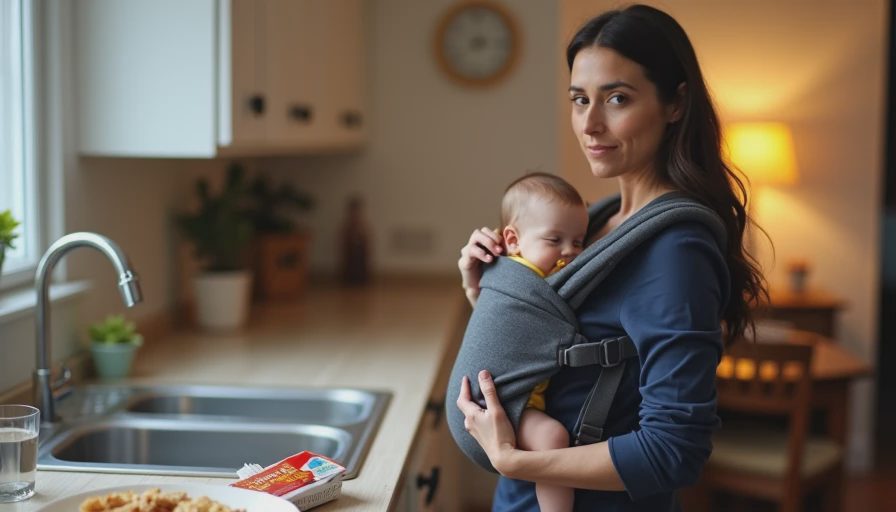 Mother standing in the kitchen eating a granola bar with one hand while wearing a newborn in a soft carrier, the baby calm against her chest.