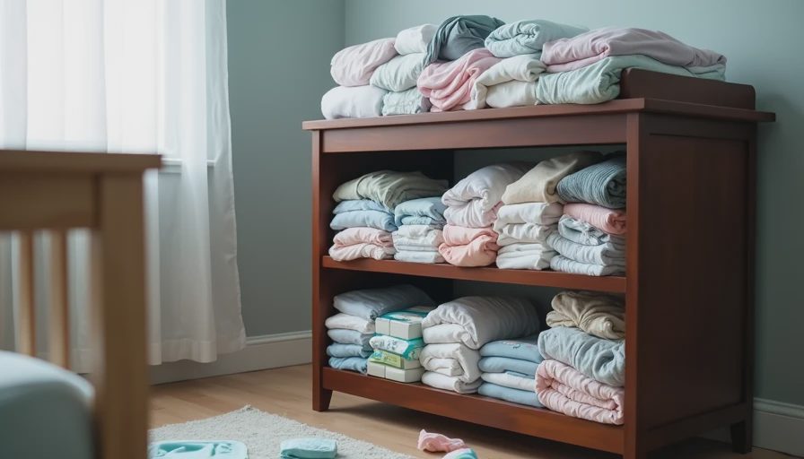 A changing table buried under a pile of clean unfolded laundry in a real nursery, with diapers and wipes scattered on the floor nearby.
