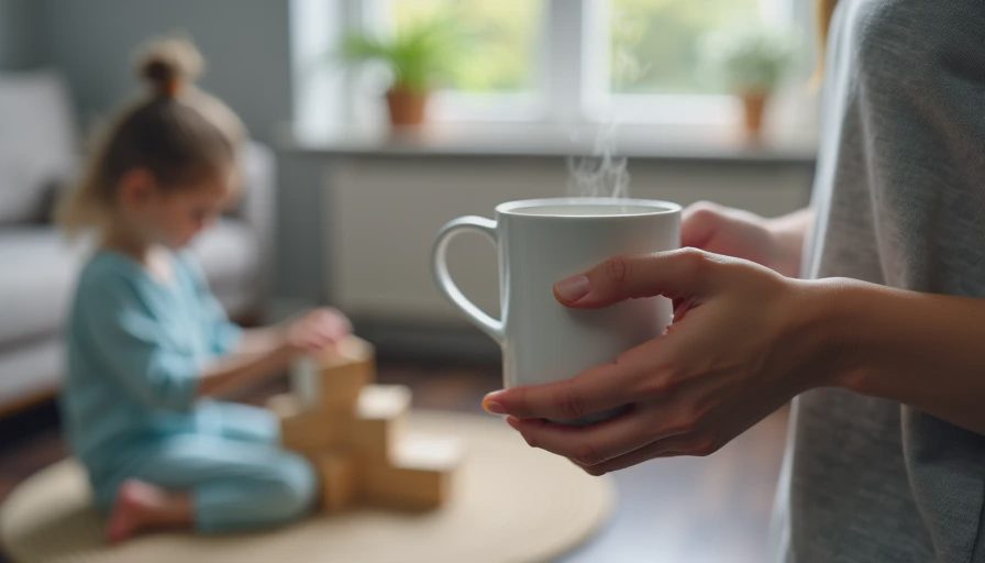 A mother's hands holding a warm coffee mug while a toddler plays with blocks on the living room floor nearby, a small morning anchor moment.