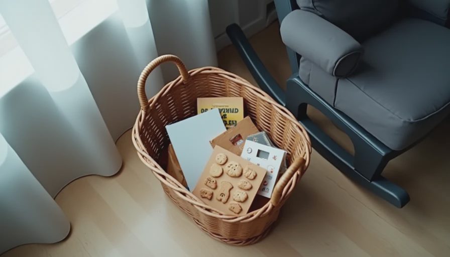 The "special basket" strategy — keeping a toddler engaged during newborn feedings A small wicker basket filled with toddler toys, stickers, and a snack placed beside a nursing chair, a practical special spot strategy for feeding times with a newborn.