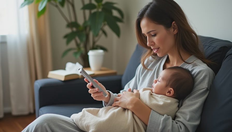 A tired new mother holding a baby and looking at her phone with a worried expression, while a notebook and coffee sit nearby, symbolizing the confusion of conflicting postpartum advice.