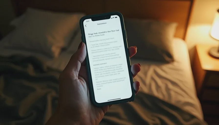 Julia's late-night phone note — the real thoughts behind the blog Julia Monroe's hand holding a smartphone in a dark room, the screen glowing with a note titled "things that sounded easy before I had kids."