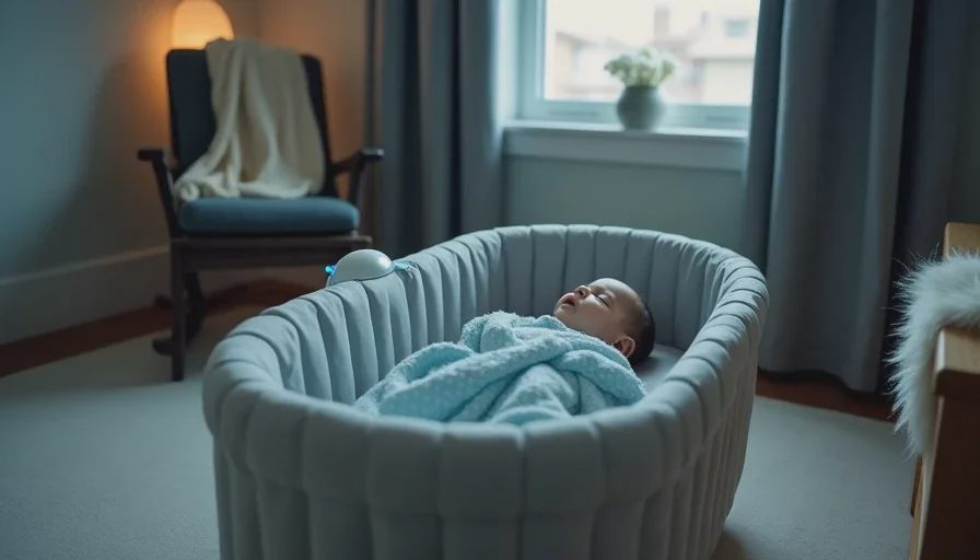 Dim nursery with blackout curtains partially closed, a baby in a bassinet, and a small white noise machine on a side table with soft blue light.