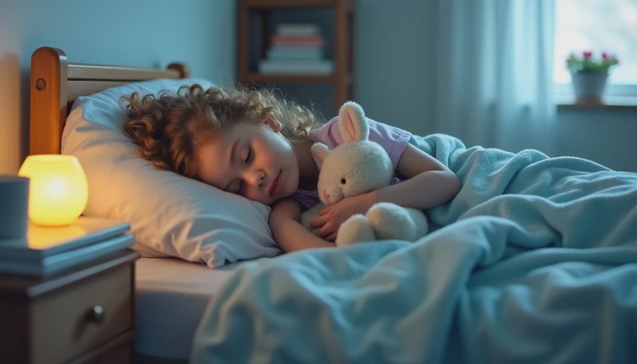 The reward of holding the boundary — a calm, peaceful toddler bedtime A toddler sleeping peacefully in bed with a stack of two books on the nightstand and a dim nightlight, symbolizing a calm bedtime after holding the boundary.