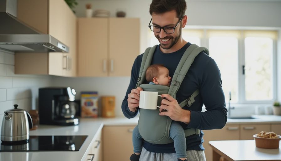 A father wearing a soft structured baby carrier with a sleeping newborn, standing in a kitchen making coffee with one hand, looking calm and slightly tired.