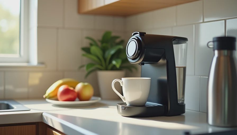 The morning after the evening reset — a clear counter and a ready coffee maker A clear kitchen counter in the morning with a coffee maker, a set mug, and a filled water bottle, showing the result of an evening reset that made the morning easier.
