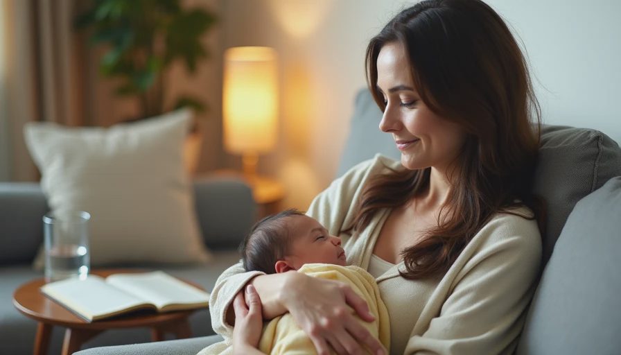 A mother sitting on a couch with a sleeping baby, her hand gently touching the baby's cheek, with a soft lamp glowing and a notebook with handwritten thoughts on the table beside her.
