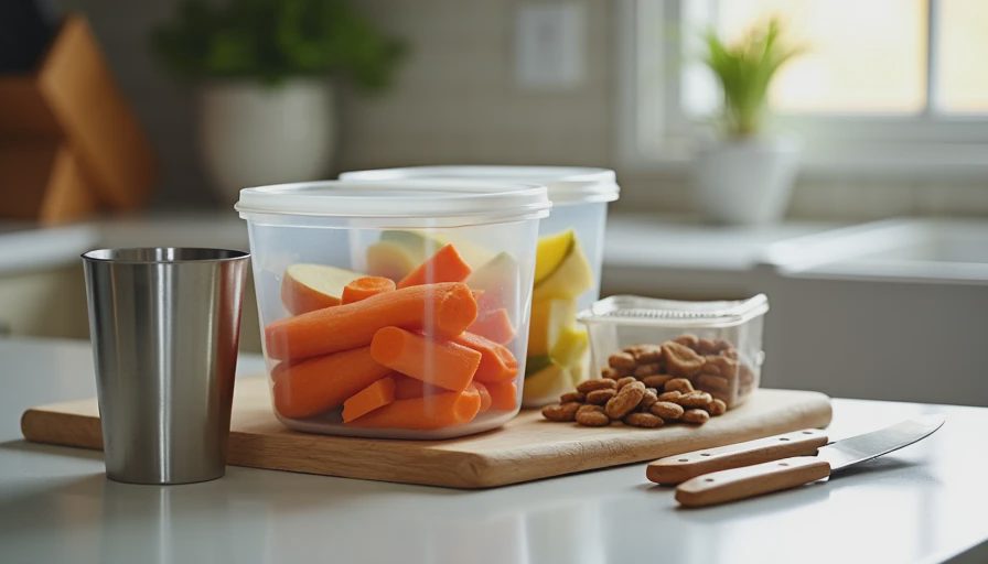 A kitchen counter on Sunday with clear containers of chopped vegetables and fruits, portioned snacks, and a filled water bottle, showing the food prep part of a Sunday routine.