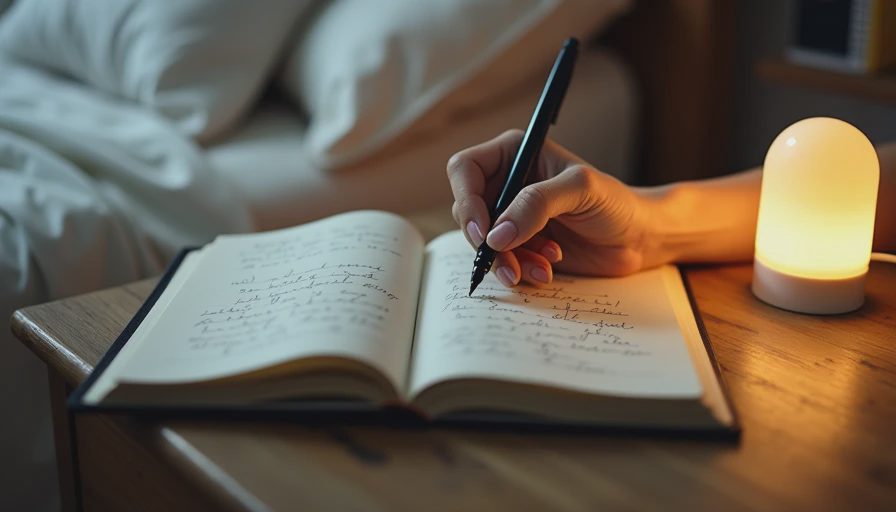 A woman's hand writing in a small notebook on a bedside table at night, with a pen and a dim lamp, capturing the practice of writing down small daily actions to counter the feeling of falling behind.