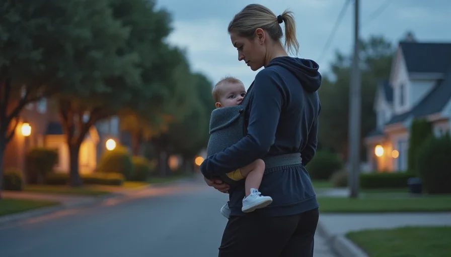 Mother wearing a soft structured baby carrier with a newborn inside, walking on a quiet neighborhood sidewalk at dusk, both calm.