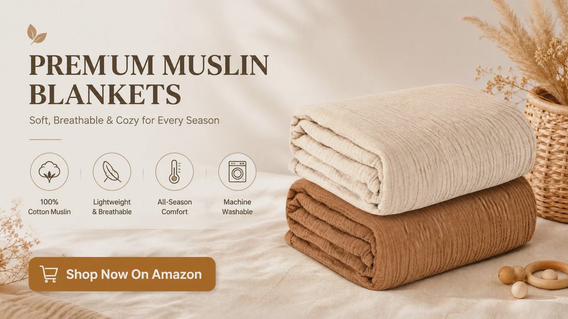 Premium Muslin Blankets – 100% Cotton, Lightweight & Breathable for Every Season Premium muslin swaddle blankets in beige and coffee, folded and stacked with 100% cotton, lightweight, all-season and machine washable feature icons