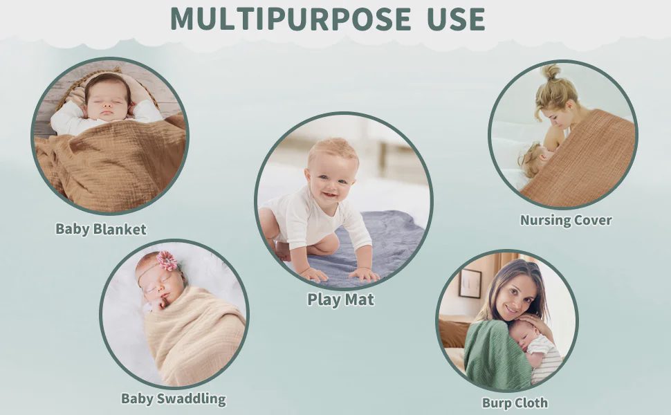5 Ways to Use Muslin Swaddle Blankets Every Day Muslin swaddle blanket multipurpose infographic showing five uses: baby blanket, swaddling, play mat, nursing cover and burp cloth
