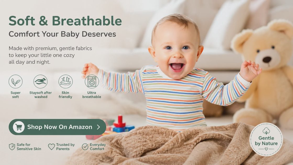 Soft & Breathable Muslin Swaddle Blankets – Shop Now on Amazon Smiling baby in striped onesie sitting on a soft brown muslin cotton swaddle blanket, with Soft & Breathable product features and Shop Now on Amazon call-to-action button