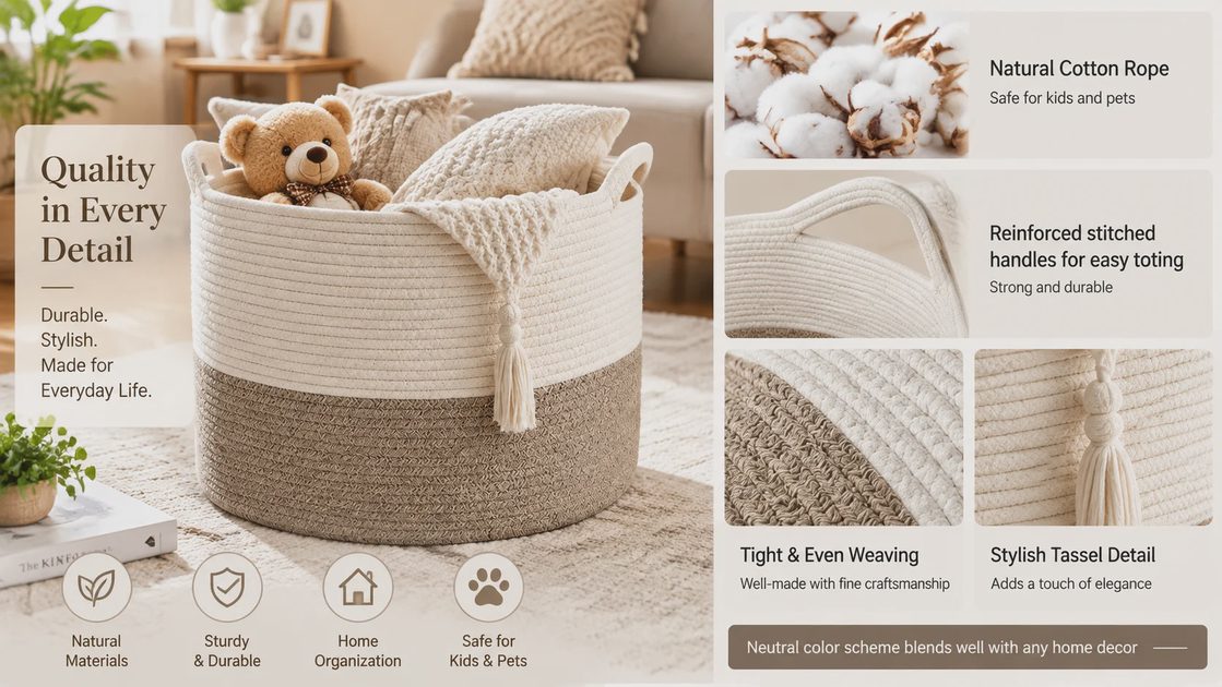 Close-up of the cotton rope weave, reinforced handles, and kid-safe neutral fabric of the woven storage basket