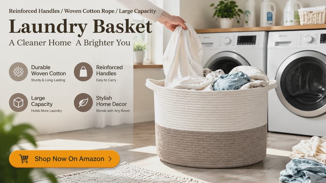 Pulling folded baby clothes from a large woven cotton rope laundry basket in a laundry room