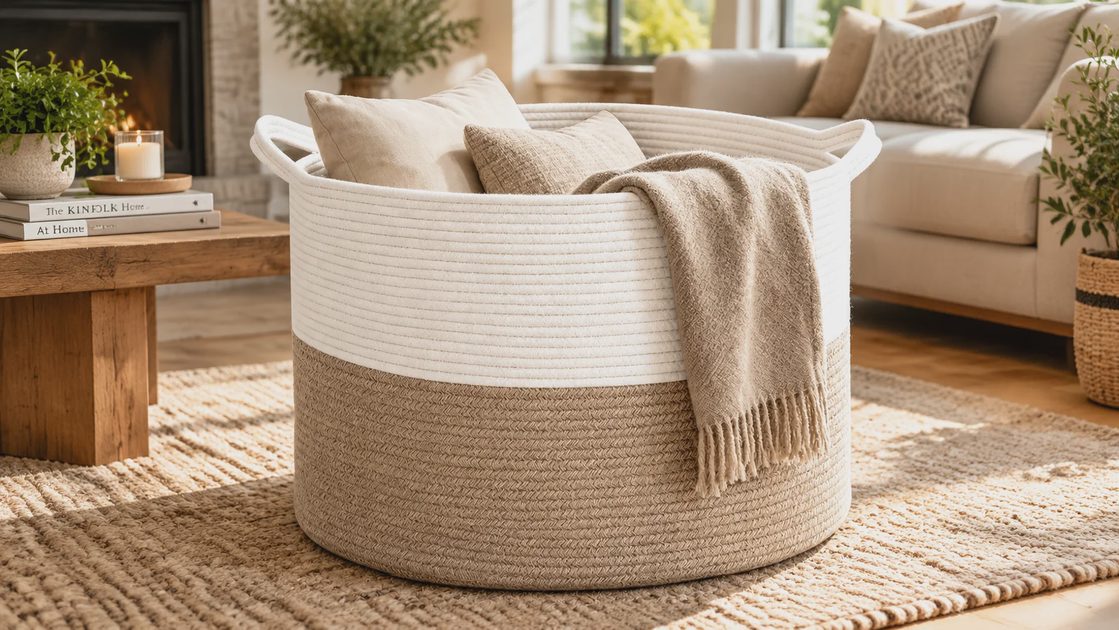 The $19 Woven Basket That Tamed the Blanket Pile by Our Couch (No Perfection Required)
