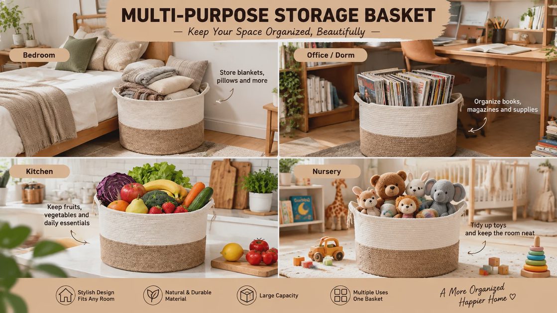 Woven basket used in bedroom, study, kitchen, and nursery to store blankets, books, produce, and toys