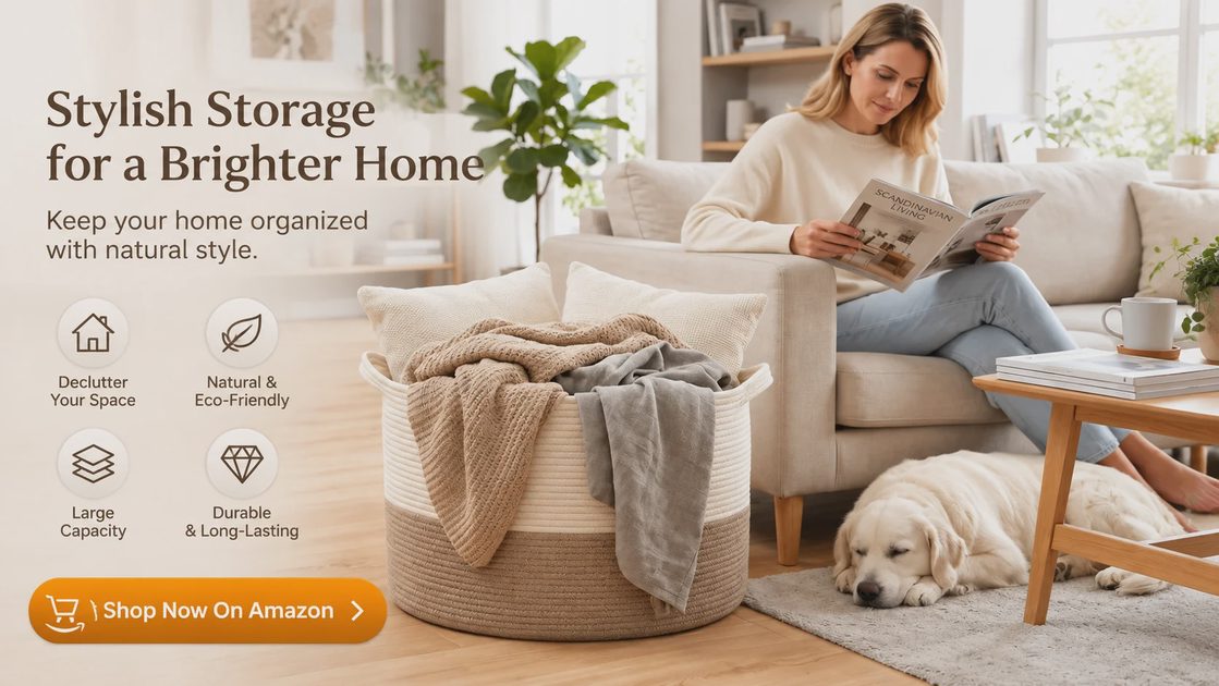 Cotton rope nursery basket beside a sofa while a mom reads, with a dog resting on the rug nearby