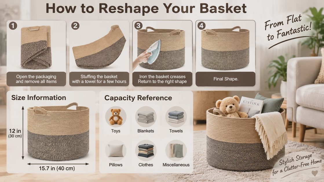Four-step guide to reshaping a folded cotton rope basket after shipping