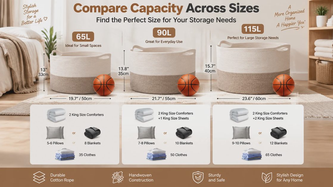 Size comparison of 65L, 90L, and 115L cotton rope baskets with a capacity guide